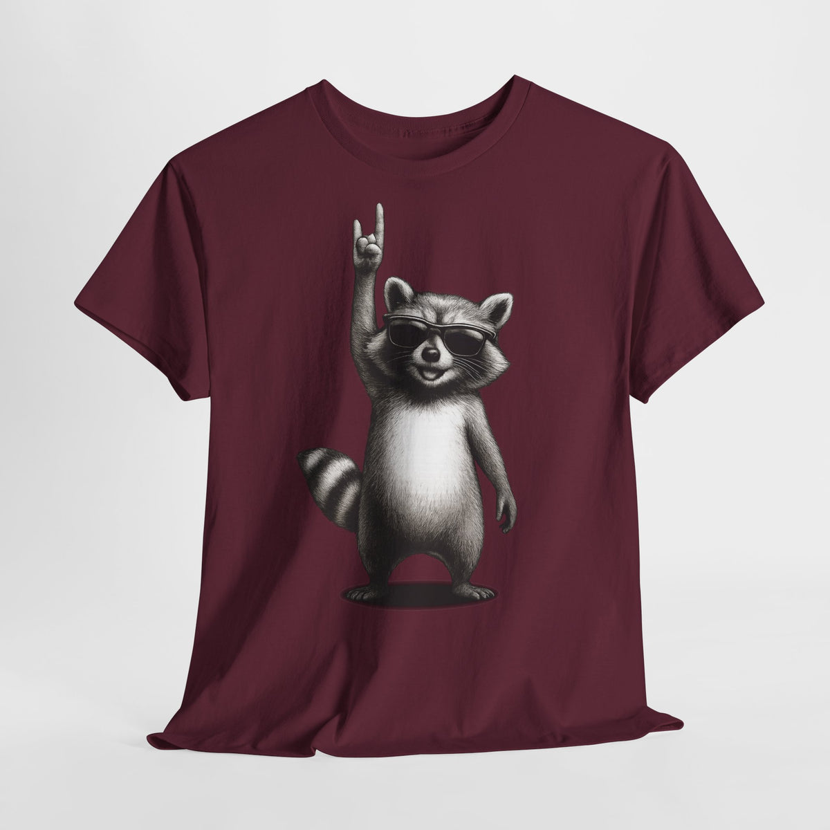 Lustiger Waschbär mit Sonnenbrille und Rock-Handzeichen – Lustiges T-Shirt für Rockfans