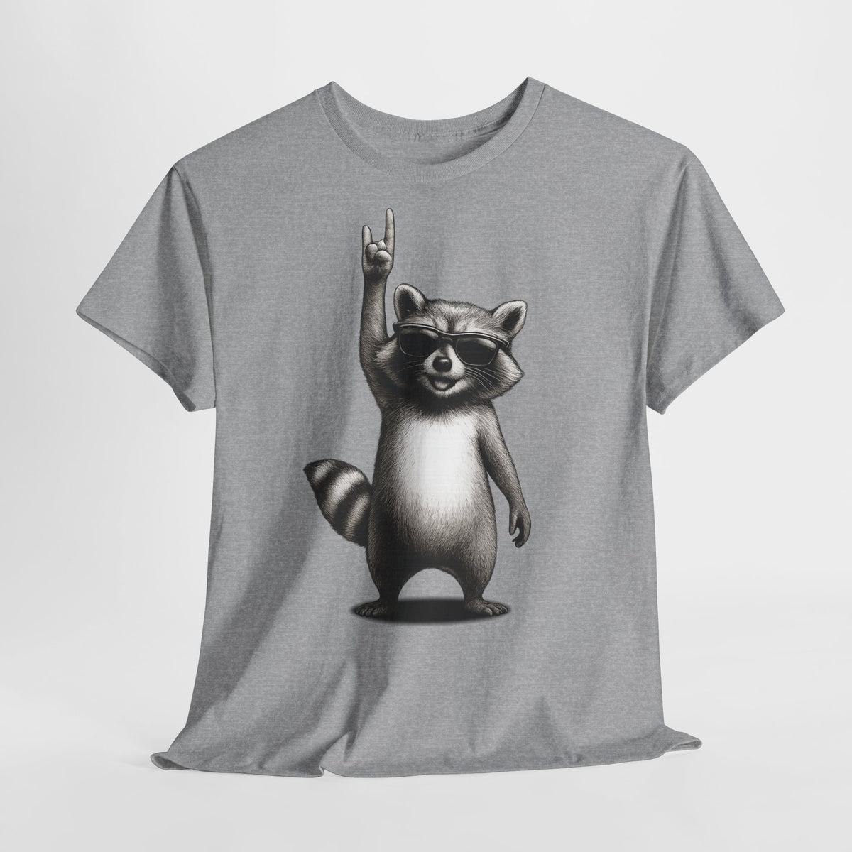 Lustiger Waschbär mit Sonnenbrille und Rock-Handzeichen – Lustiges T-Shirt für Rockfans