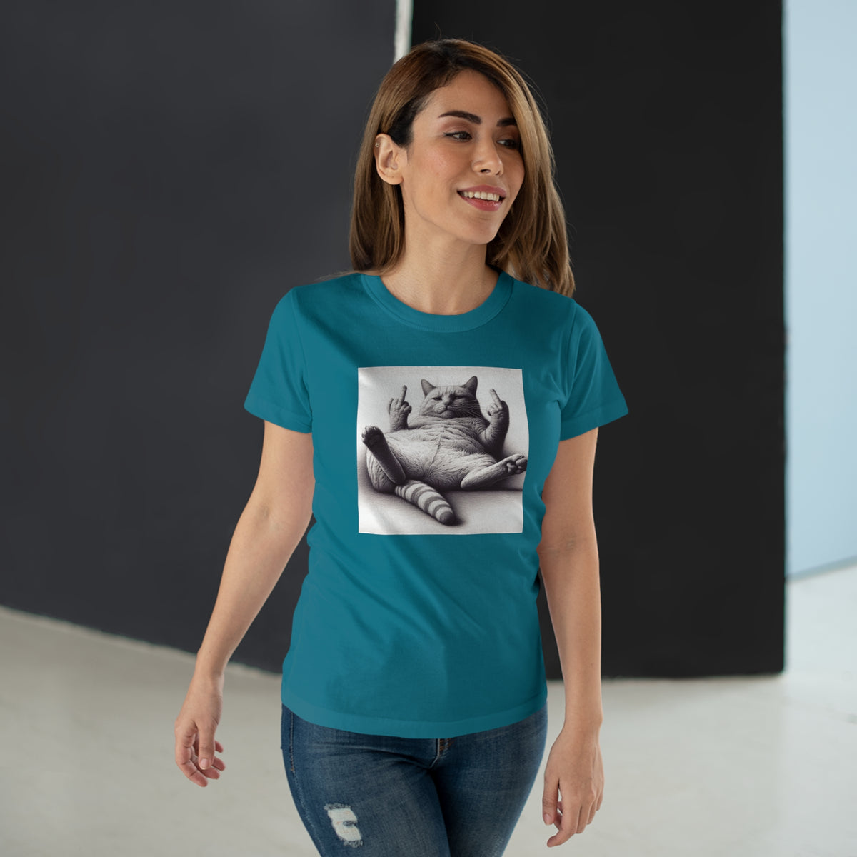 Lustige Faule Katze mit Mittelfinger - Frauen T-Shirt