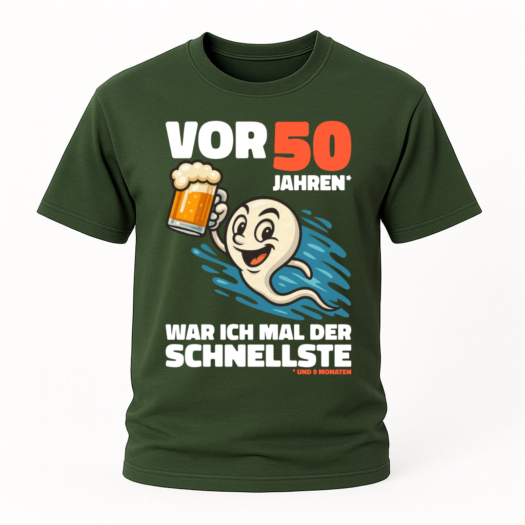 Lustiges 50. Geburtstag Shirt – „Vor 50 Jahren war ich mal der Schnellste“ Fun T-Shirt mit Bier Spermien Motiv – Herren Geburtstag Geschenk