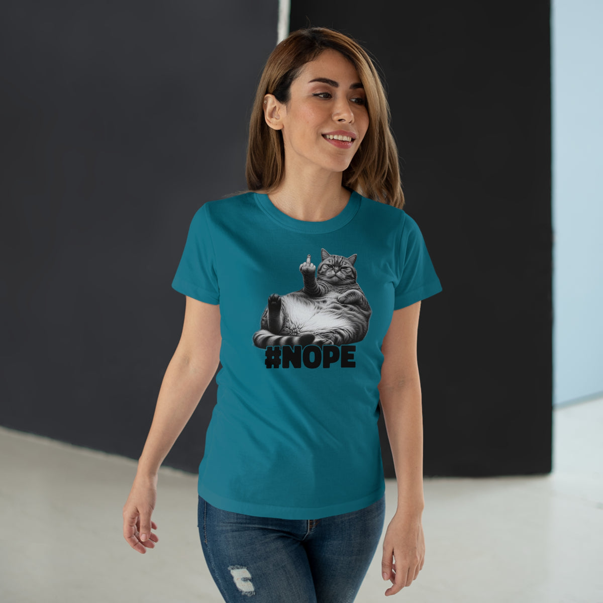 Lustige fette faule Katze mit Mittelfinger - NOPE keine Lust - Frauen T-Shirt
