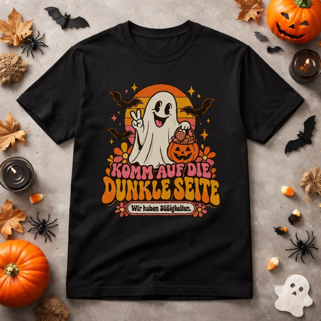 Komm auf die dunkle Seite Halloween T-Shirt mit Geist und Süßigkeiten Retro
