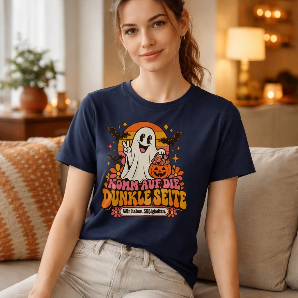 Komm auf die dunkle Seite Halloween T-Shirt mit Geist und Süßigkeiten Retro