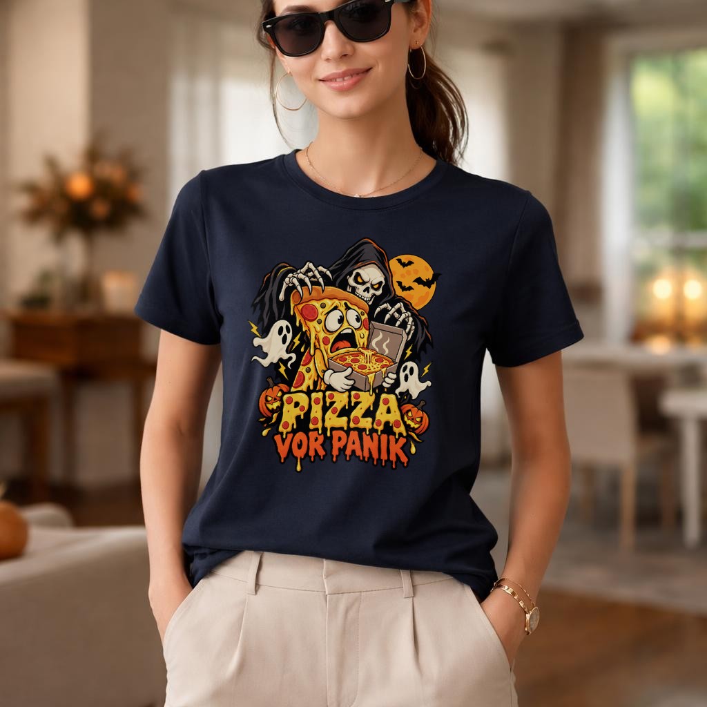 Pizza vor Panik Halloween T-Shirt mit Skelett, Grusel Pizza Spruch, lustiges Horror Shirt