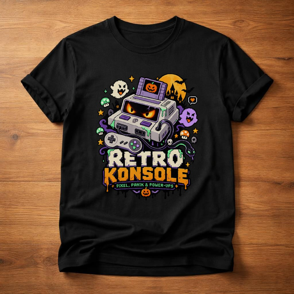 Retro Konsole T-Shirt Herren, Pixel Panik & Power-Ups, Halloween Gaming Shirt, Vintage Gamer Geschenk