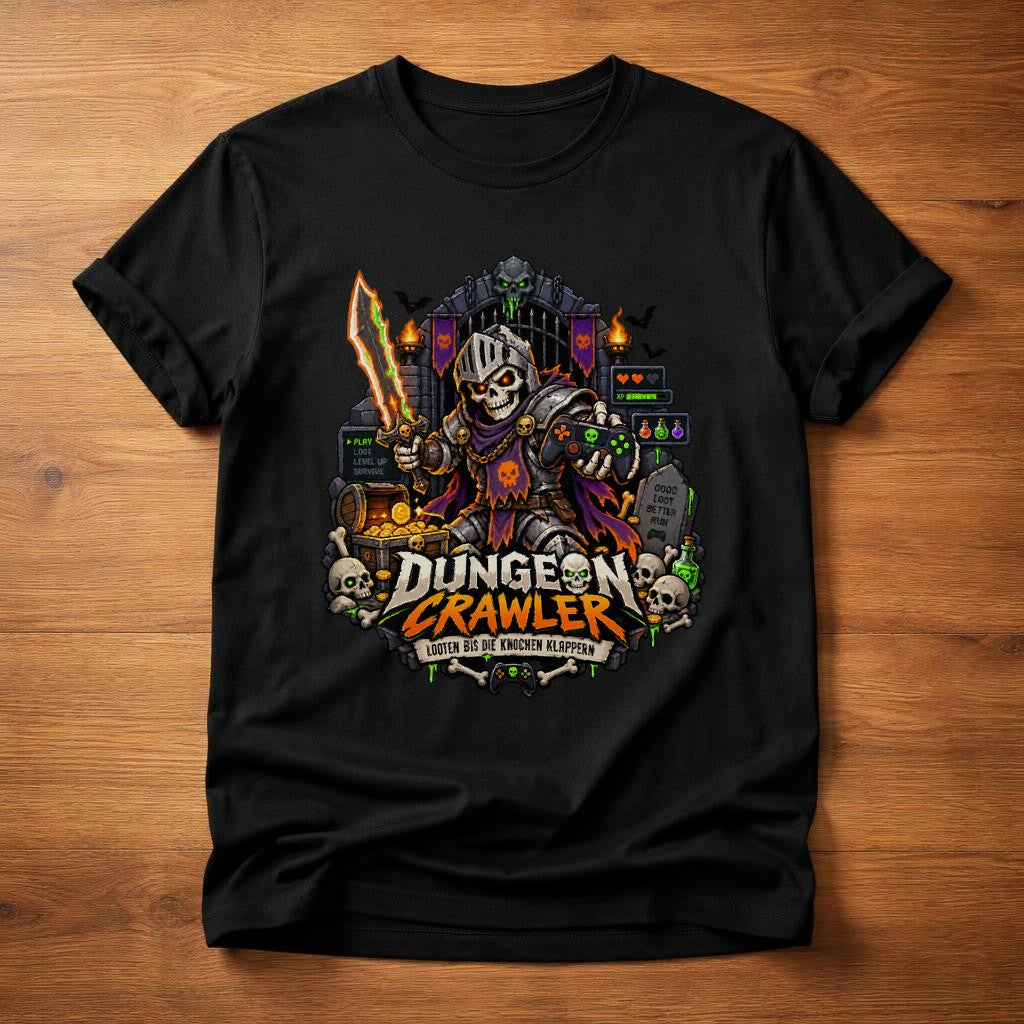 Dungeon Crawler T-Shirt Gamer Skull Fantasy Looting Spruch Shirt