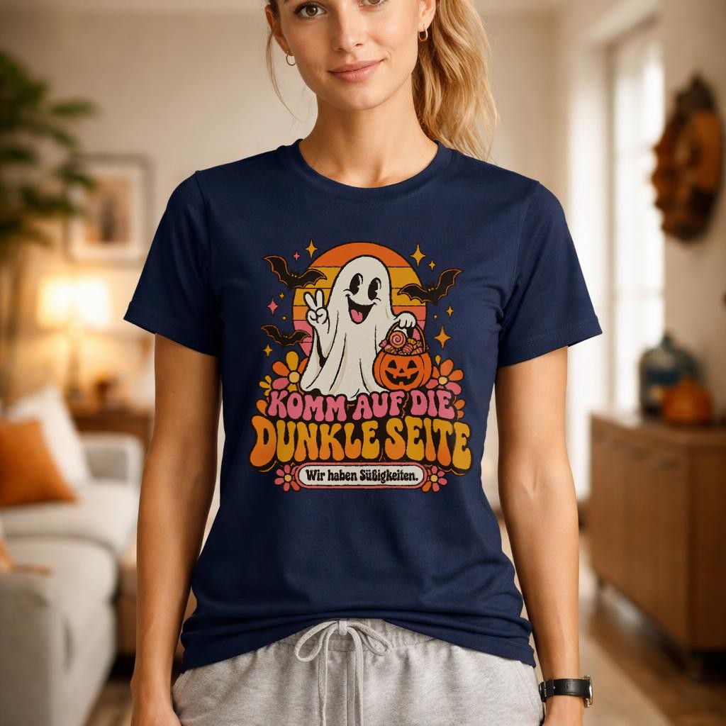 Komm auf die dunkle Seite Halloween T-Shirt mit Geist und Süßigkeiten Retro