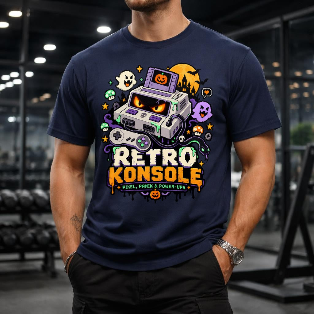 Retro Konsole T-Shirt Herren, Pixel Panik & Power-Ups, Halloween Gaming Shirt, Vintage Gamer Geschenk