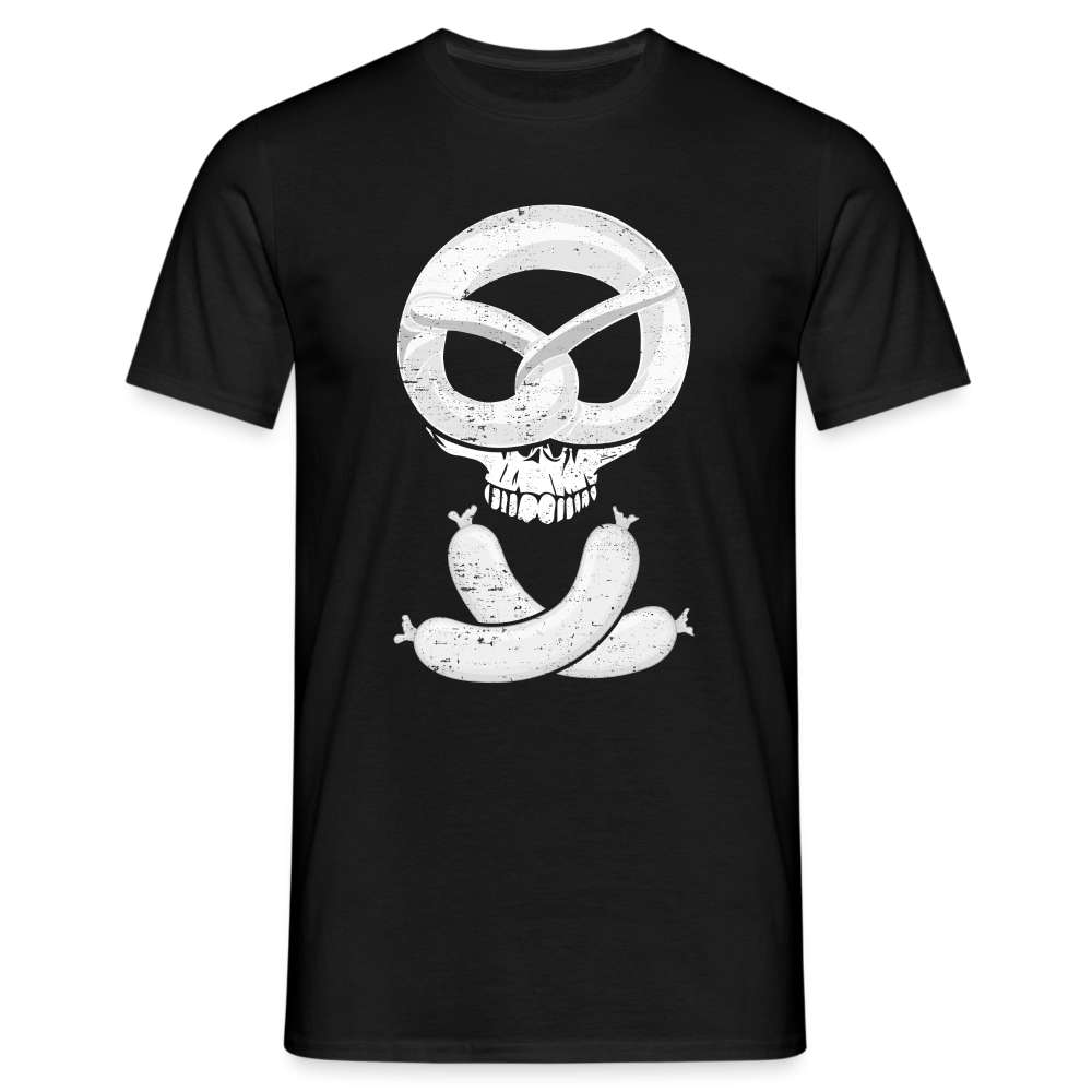 Bayrisch Frühstück - Brezel und Weißwurst Totenkopf Lustiges T-Shirt - Schwarz
