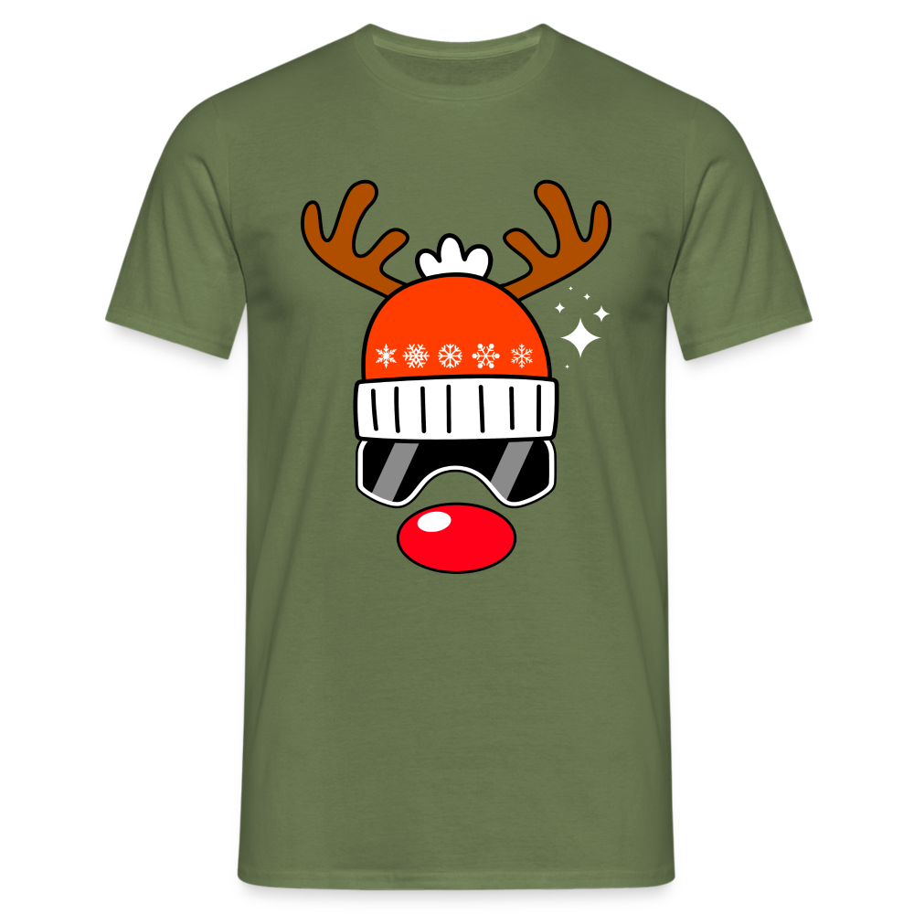 Weihnachtsrenntier mit roter Nase Mütze und Ski Brille Lustiges T-Shirt - Militärgrün