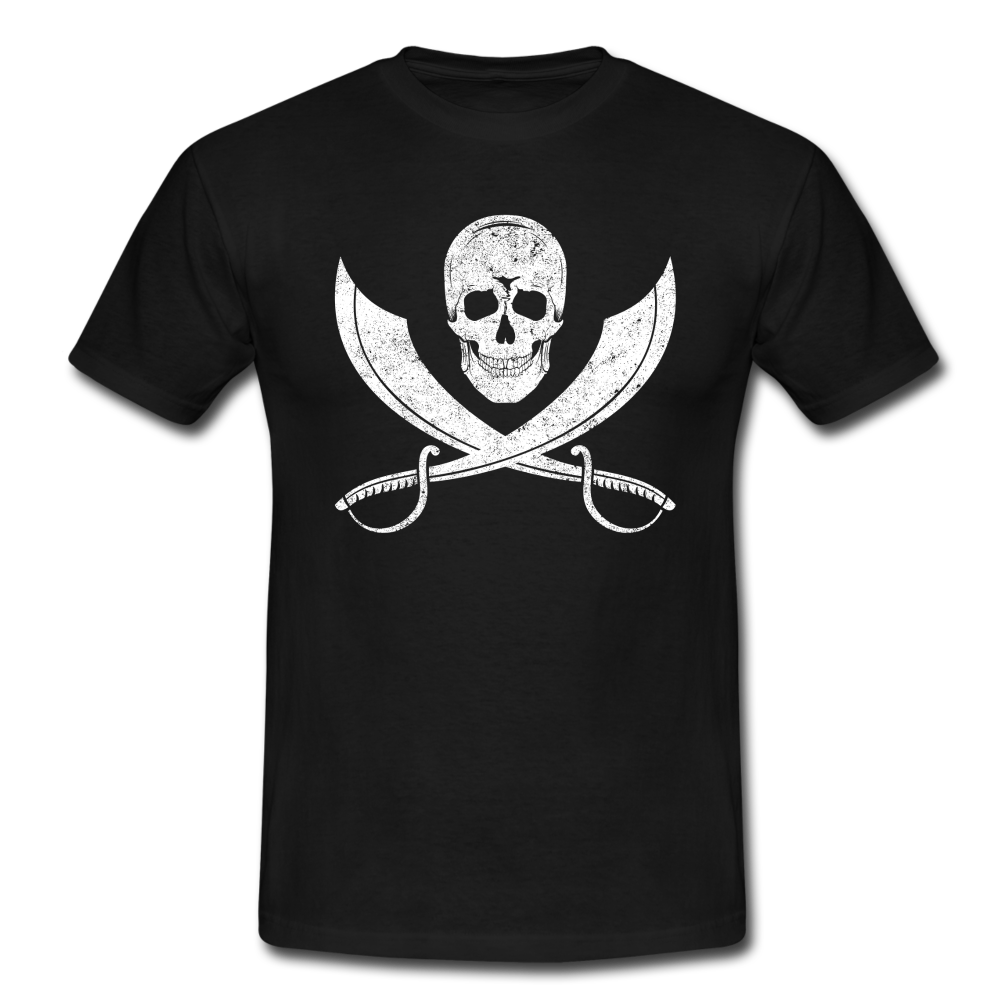 Piraten Flagge Totenkopf Schwert Kreuz T-Shirt - Schwarz