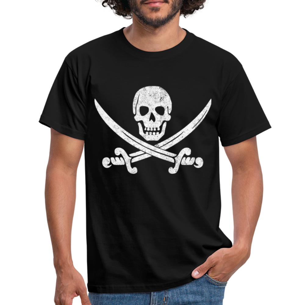 Piraten Flagge Totenkopf Schwert Kreuz T-Shirt - Schwarz