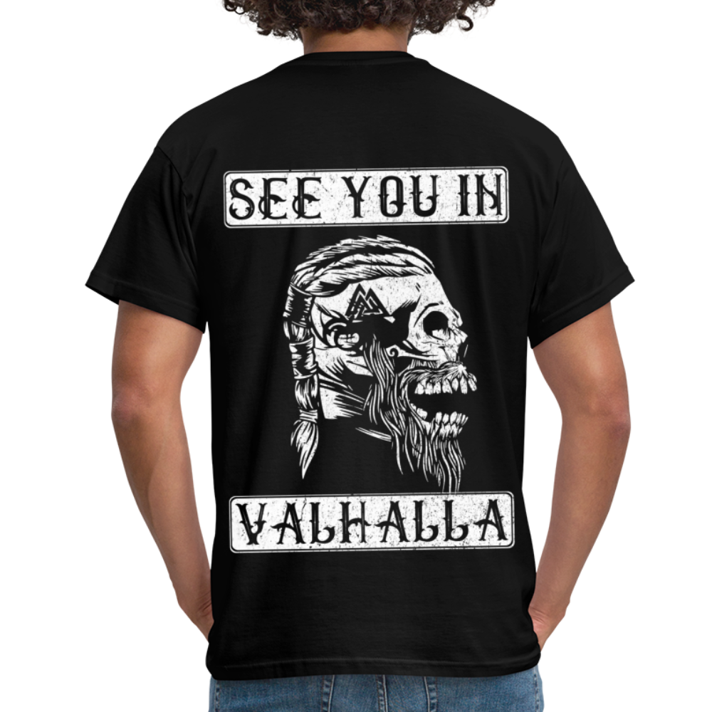 Wikinger Viking Totenkopf See You in Valhalla T-Shirt - Schwarz
