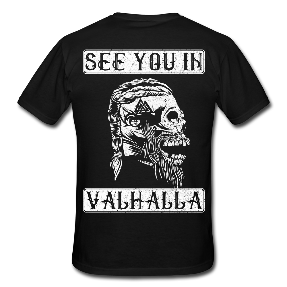 Wikinger Viking Totenkopf See You in Valhalla T-Shirt - Schwarz