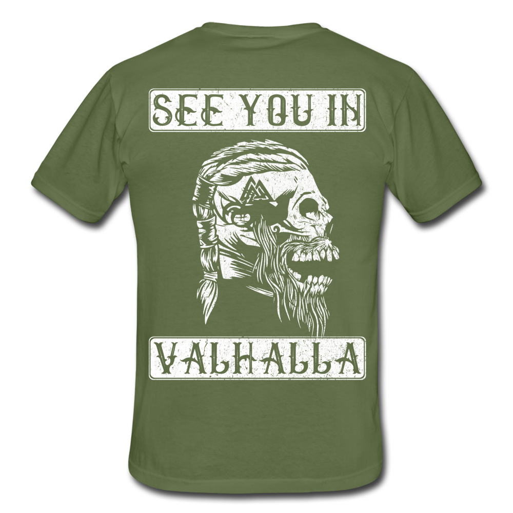 Wikinger Viking Totenkopf See You in Valhalla T-Shirt - Militärgrün