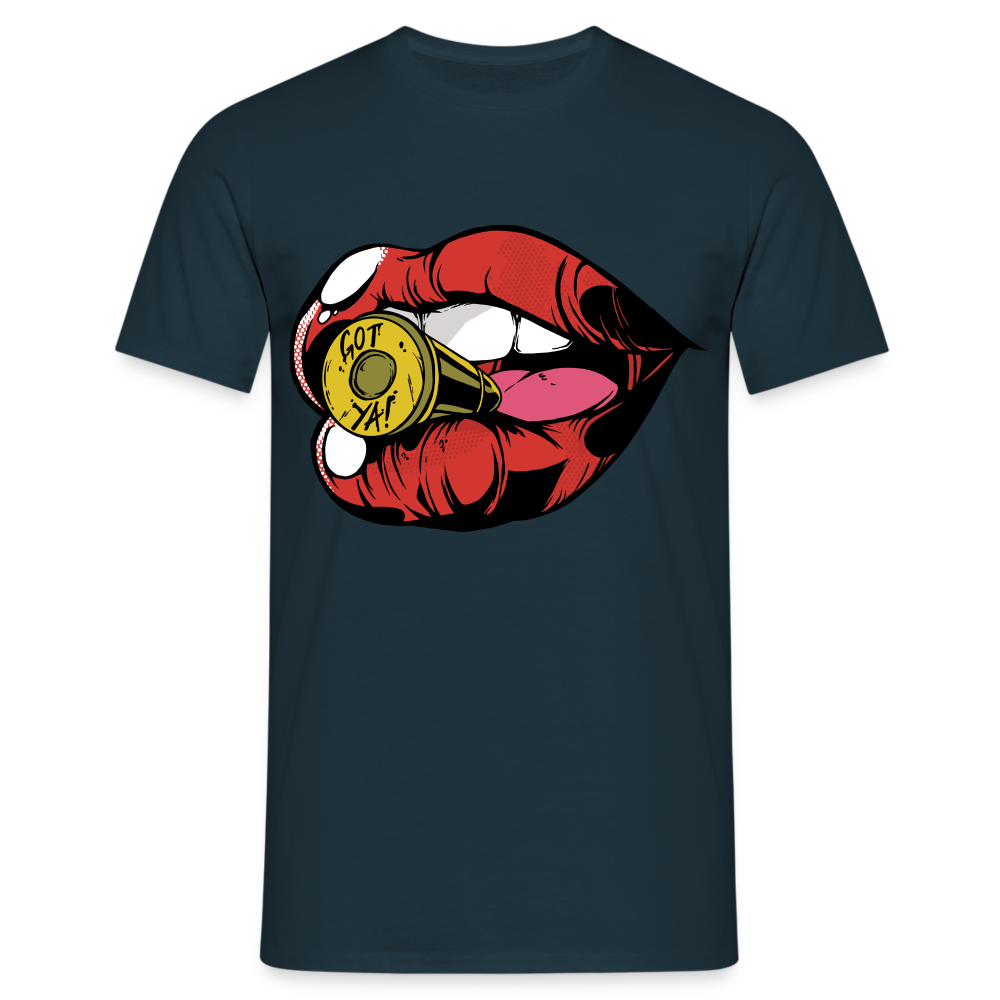 Kuss Lippen T-Shirt Kuss Mund mit Kugel Lustiges T-Shirt - Navy