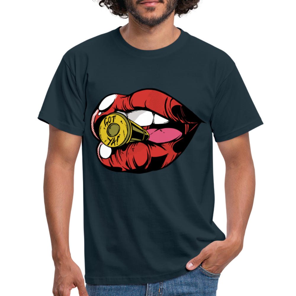 Kuss Lippen T-Shirt Kuss Mund mit Kugel Lustiges T-Shirt - Navy