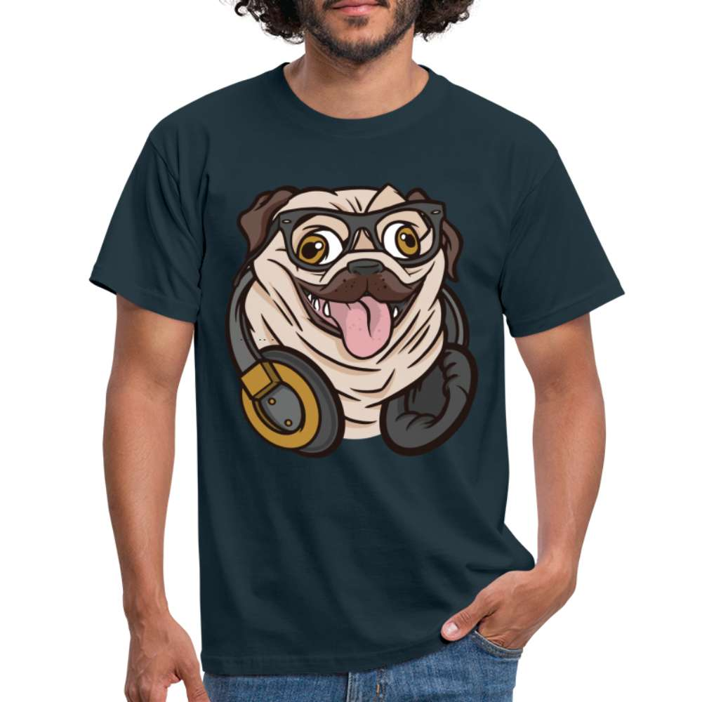 Lustiger Mops Hund mit Kopfhörern T-Shirt - Navy