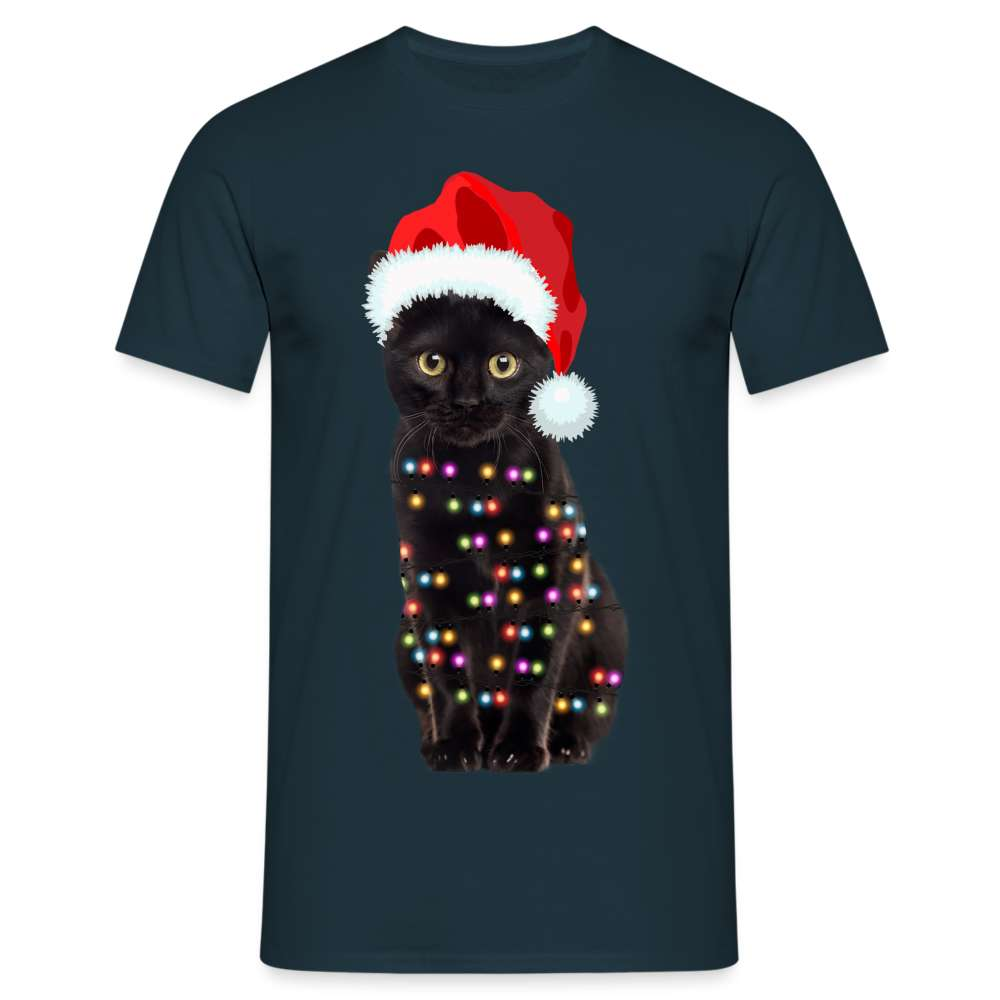 Weihnachten Katze mit Lichterkette Lustiges Weihnachts  T-Shirt - Navy